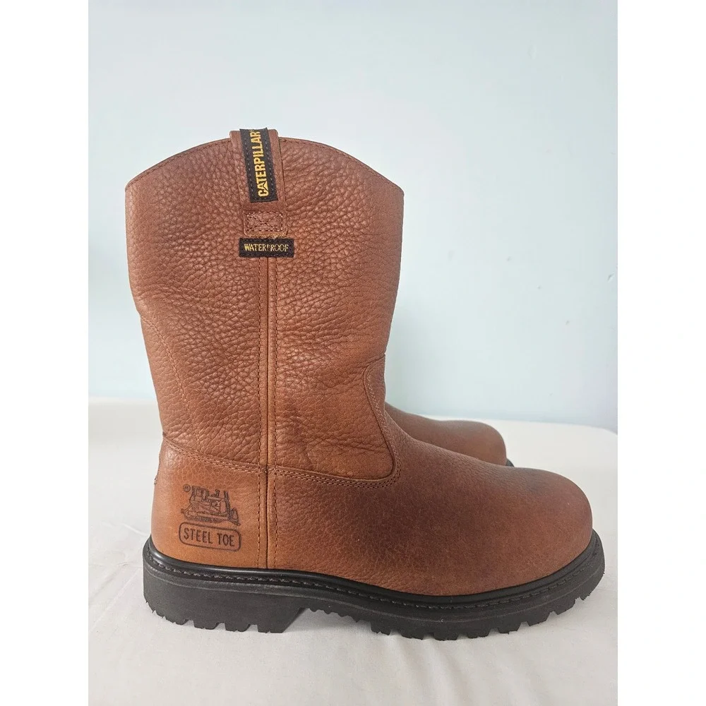 Workwear Caterpillar Steel Toe Boot Mens 9.5 Brown Waterproof Leather Pull On